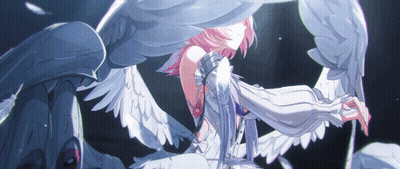 A Girl With Pink Hair And White Wings Is Sitting In The Dark GIF
