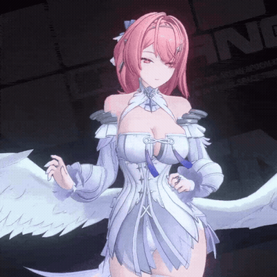 A Girl With Pink Hair And White Wings Is Standing In Front Of A Sign That Says " N " GIF