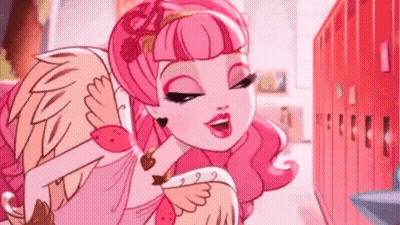 A Girl With Pink Hair And Wings Is Standing In Front Of A Row Of Lockers . GIF