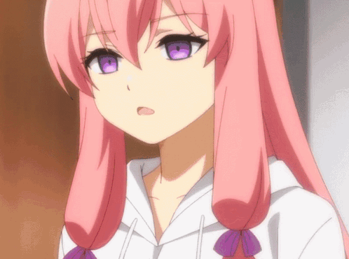 A Girl With Pink Hair Has Purple Eyes And A White Shirt GIF