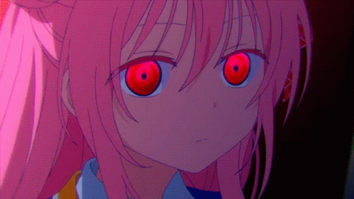 A Girl With Pink Hair Has Red Eyes And Looks Very Scary GIF
