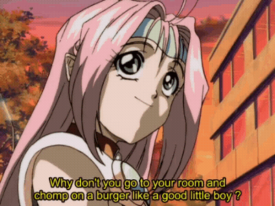 A Girl With Pink Hair Is Asking Why Don T You Go To Your Room And Chomp On A Burger Like A Good Little Boy GIF