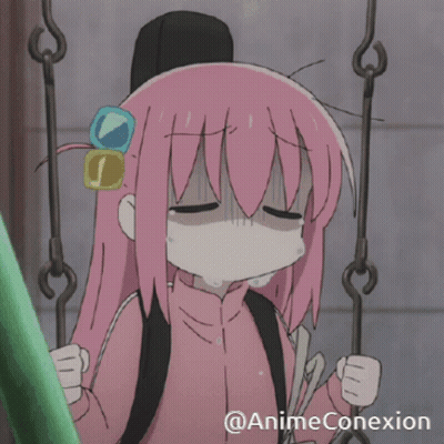 A Girl With Pink Hair Is Crying While Sitting On A Swing With @Animeconexion In The Corner GIF