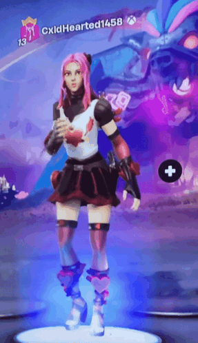 A Girl With Pink Hair Is Dancing In A Video Game With The Name Cxldhearted1458 On The Bottom GIF