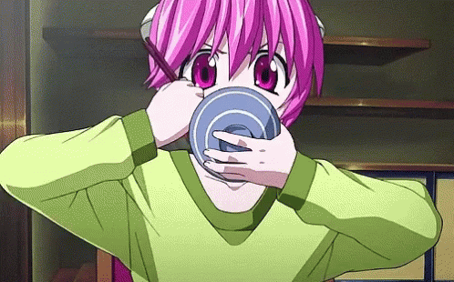 A Girl With Pink Hair Is Drinking Out Of A Blue Bowl GIF