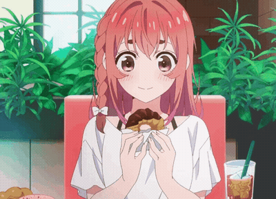 A Girl With Pink Hair Is Eating A Donut And Drinking Soda GIF