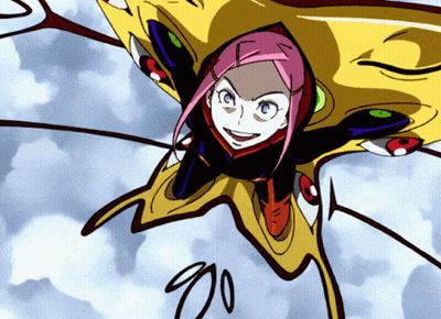 A Girl With Pink Hair Is Flying Through The Air In A Cartoon Drawing GIF