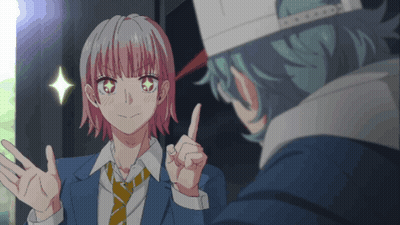 A Girl With Pink Hair Is Giving A Peace Sign To A Man GIF