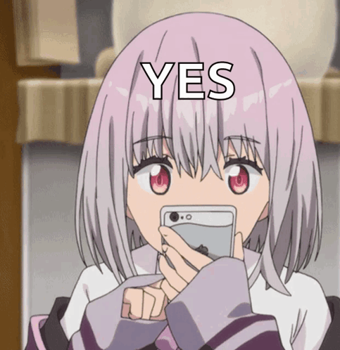 A Girl With Pink Hair Is Holding A Cell Phone With The Word Yes Written On It GIF