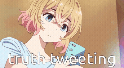 A Girl With Pink Hair Is Holding A Cell Phone With The Words Truth Tweeting Above Her GIF
