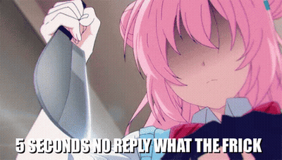 A Girl With Pink Hair Is Holding A Knife With The Words 5 Seconds No Reply What The Frick Below Her GIF