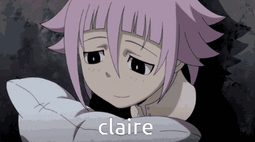 A Girl With Pink Hair Is Holding A Pillow And The Word Claire Is On The Bottom Right GIF