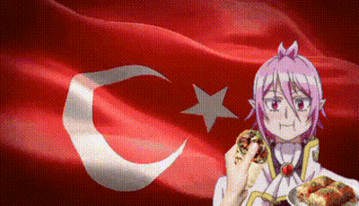 A Girl With Pink Hair Is Holding A Plate Of Food In Front Of A Flag . GIF