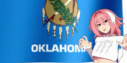 A Girl With Pink Hair Is Holding A Sign In Front Of A Oklahoma State Flag . GIF