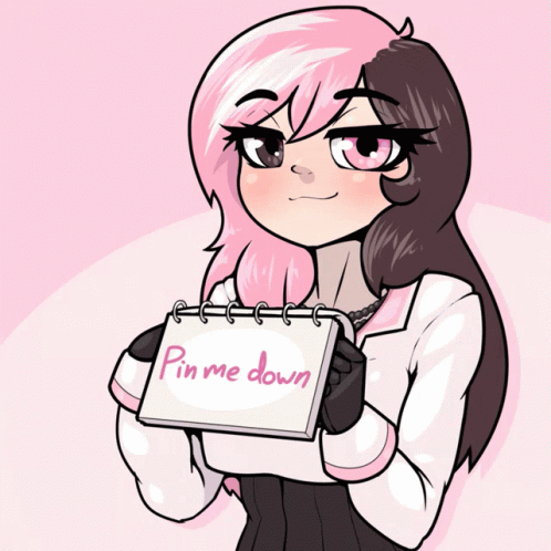 A Girl With Pink Hair Is Holding A Sign That Says " Pin Me Down " GIF