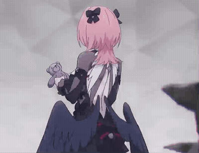 A Girl With Pink Hair Is Holding A Teddy Bear In Her Hand GIF