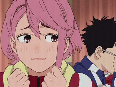 A Girl With Pink Hair Is Looking At Something GIF