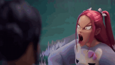 A Girl With Pink Hair Is Making A Funny Face While Talking To Another Girl . GIF
