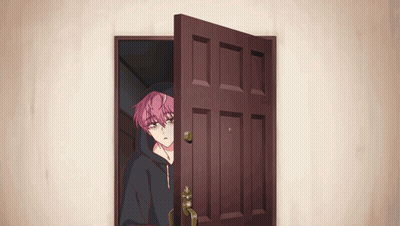 A Girl With Pink Hair Is Peeking Out From Behind A Door GIF