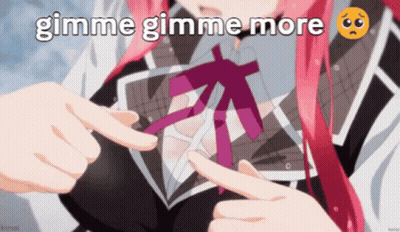 a girl with pink hair is pointing at her chest with the words gimme gimme more