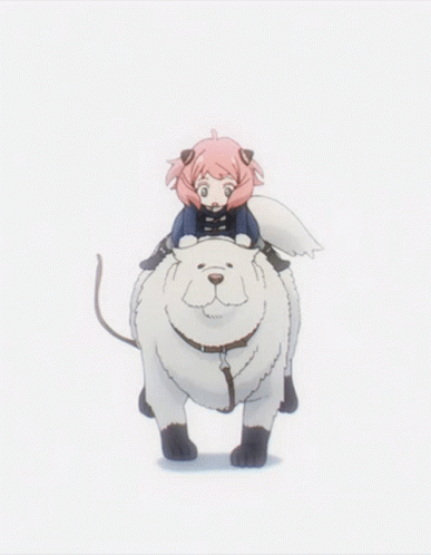 A Girl With Pink Hair Is Riding A White Dog GIF