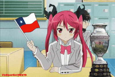A Girl With Pink Hair Is Sitting At A Desk Holding A Flag And A Trophy GIF