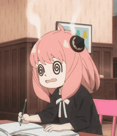 A Girl With Pink Hair Is Sitting At A Table Writing In A Book GIF