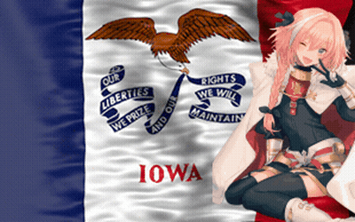 A Girl With Pink Hair Is Sitting In Front Of A Iowa Flag GIF