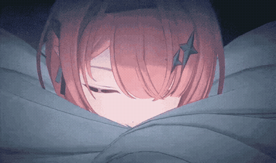 A Girl With Pink Hair Is Sleeping In A Bed GIF