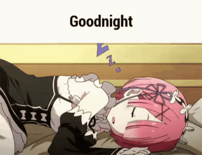 A Girl With Pink Hair Is Sleeping On A Bed And The Words `` Goodnight '' Are Above Her . GIF
