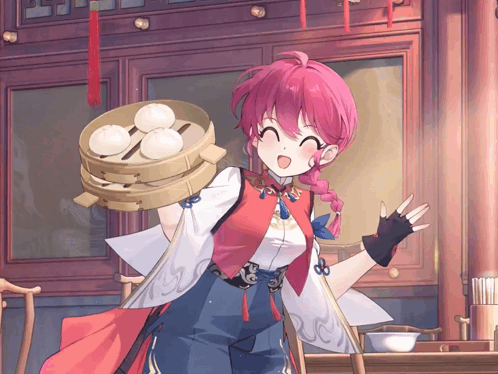A Girl With Pink Hair Is Smiling And Holding A Basket Of Dumplings GIF