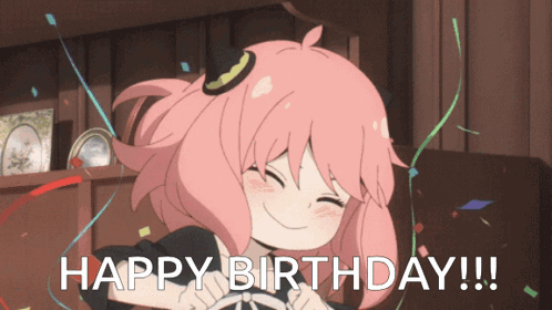 A Girl With Pink Hair Is Smiling And Says " Happy Birthday " GIF
