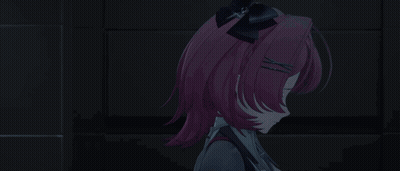 A Girl With Pink Hair Is Standing In A Dark Room With A Window . GIF