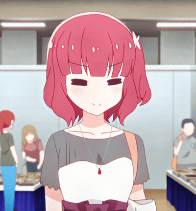 A Girl With Pink Hair Is Standing In A Room With People GIF