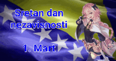 A Girl With Pink Hair Is Standing In Front Of A Flag That Says Sretan Dan Nezavisnosti 1. Mart GIF
