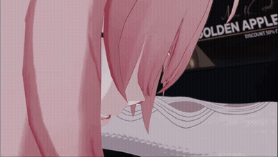A Girl With Pink Hair Is Standing In Front Of A Golden Apple Sign GIF
