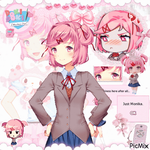 A Girl With Pink Hair Is Standing In Front Of A Screen That Says Just Monika GIF