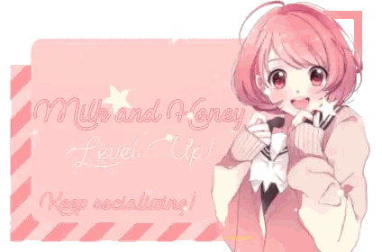 A Girl With Pink Hair Is Standing In Front Of A Sign That Says Level Milk And Honey Level Up Sticker