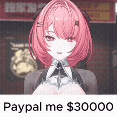 A Girl With Pink Hair Is Standing In Front Of A Sign That Says Paypal Me $ 30,000 GIF