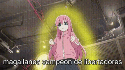 A Girl With Pink Hair Is Standing In Front Of A Yellow Light And The Words Magallanes Campeon De Libertadores Are Writte GIF