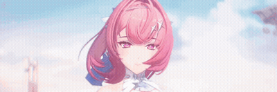 A Girl With Pink Hair Is Standing In The Sky With Her Eyes Closed GIF