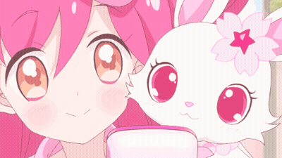 A Girl With Pink Hair Is Standing Next To A White Rabbit With A Flower On Its Head GIF