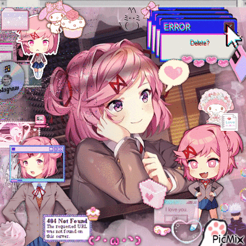 A Girl With Pink Hair Is Surrounded By A Bunch Of Icons Including One That Says Error Delete GIF