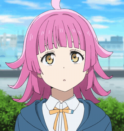 A Girl With Pink Hair Is Wearing A Blue Jacket And White Shirt GIF