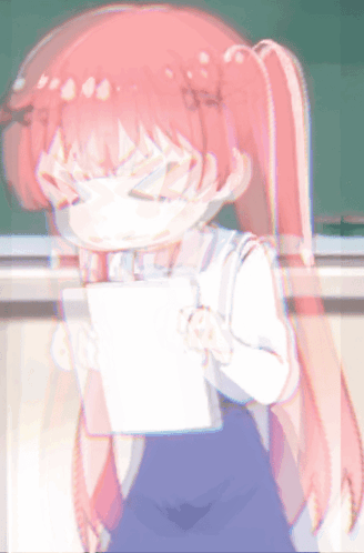 A Girl With Pink Hair Is Wearing A Mask While Holding A Piece Of Paper GIF