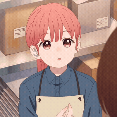 A Girl With Pink Hair Is Wearing An Apron And A Blue Shirt GIF