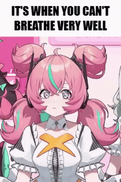 A Girl With Pink Hair Is Wearing Headphones And Has A Yellow X On Her Chest . GIF
