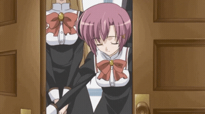 A Girl With Pink Hair Stands In A Doorway With Her Eyes Closed GIF