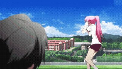 A Girl With Pink Hair Stands In Front Of A School GIF