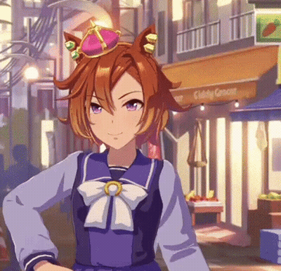 A Girl With Purple Eyes And A Crown On Her Head Is Standing In Front Of A Building . GIF